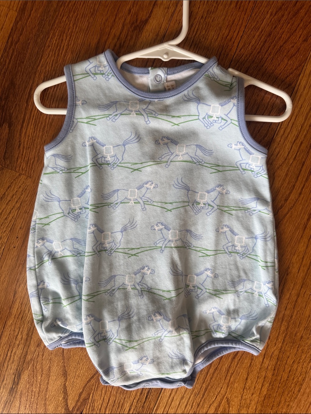 The Beaufort Bonnet Company Light Blue Horse Print Baby Onesie